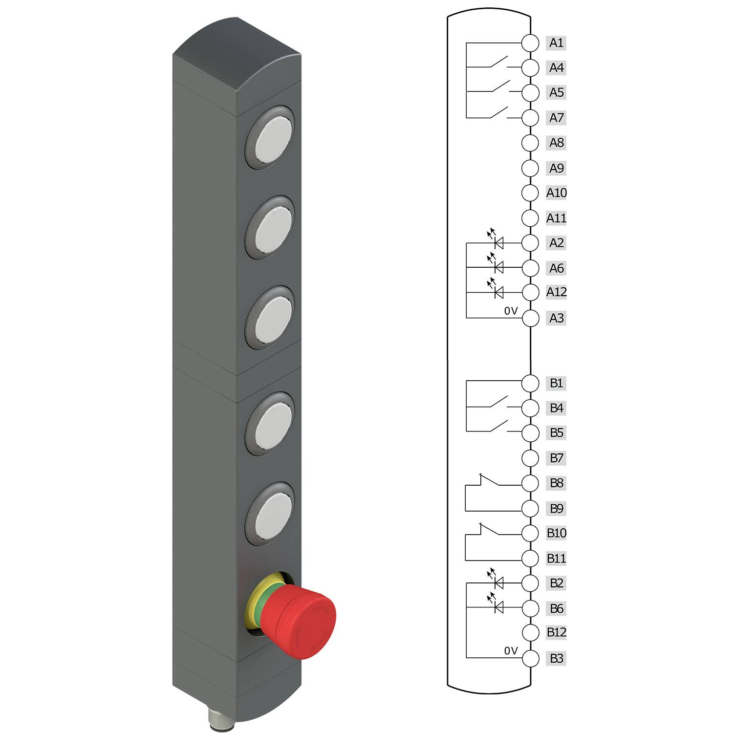 Schalttafel mit vier grauen Tasten, einem Notausschalter am unteren Ende und einem Schaltplan mit Anschlussbezeichnungen A1 bis A13 und B1 bis B3.