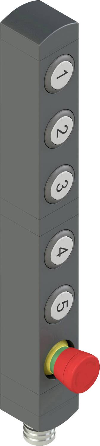 Aufzugsschalttafel mit fünf nummerierten ovalen Tasten von 1 bis 5 und einer roten Nothalttaste unten.