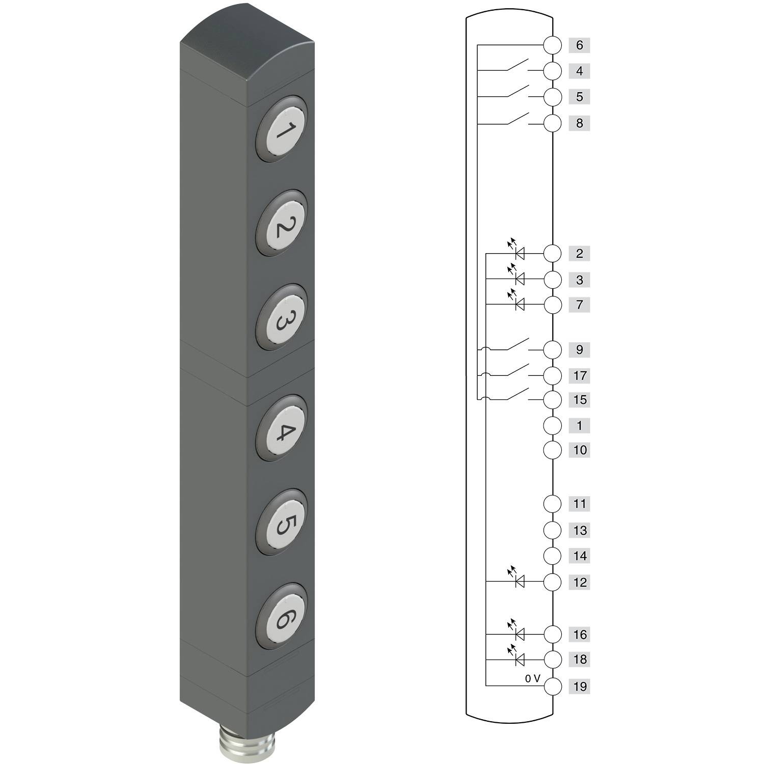 Aufzugsfeld mit sechs nummerierten Knöpfen (1-6), neben einem Diagramm, das die elektrischen Verbindungen für jeden Knopf zeigt.