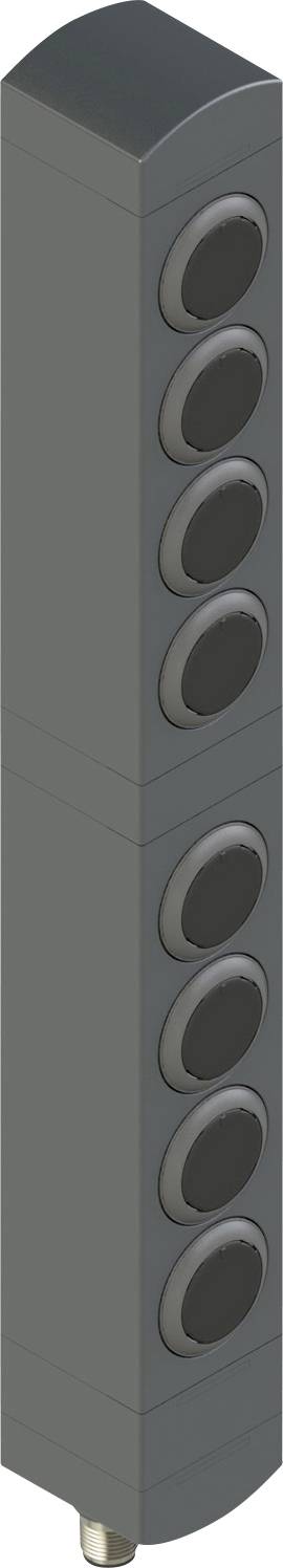 Ein graues, vertikales Bedienfeld mit acht schwarzen kreisförmigen Tasten, die in zwei Spalten gestapelt sind.