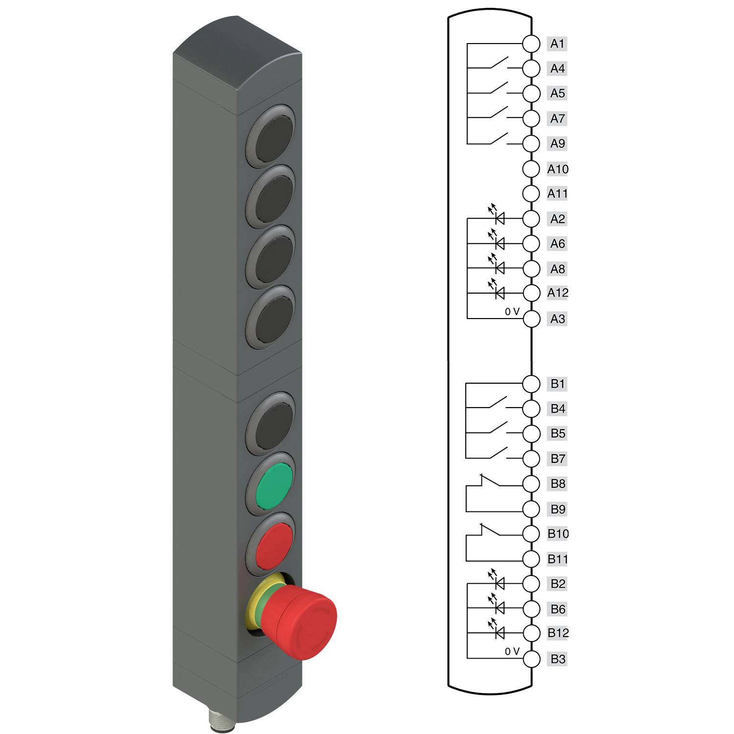 Bild einer Schalttafel mit sechs unbenutzten Schaltflächen, zwei leuchtenden Schaltflächen (grün und rot), einem Notausschalter und einem Schaltplan.