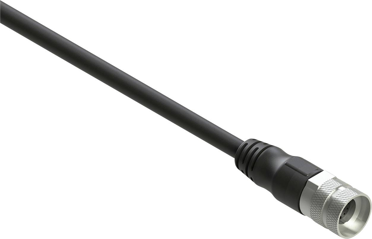 Ein schwarzes koaxiales Kabel mit einem Metallstecker an einem Ende, das zur Übertragung von Hochfrequenzsignalen verwendet wird, vor einem einfachen Hintergrund gezeigt.