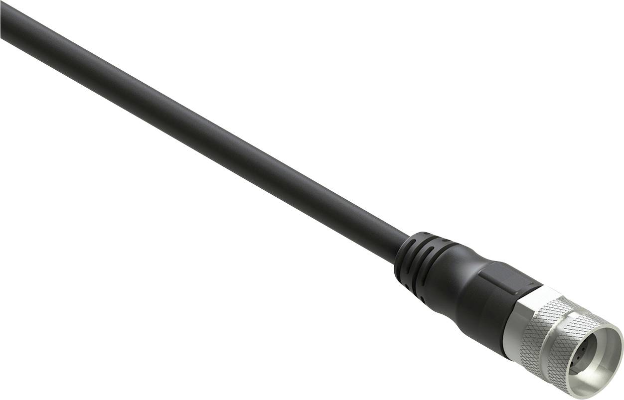 Ein schwarzes Koaxialkabel mit metallischem Anschluss, das zur Übertragung von Fernseh- und Internetsignalen verwendet wird, vor weißem Hintergrund gezeigt.