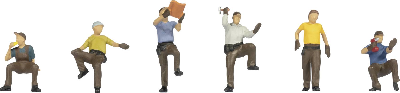 Sechs Miniaturfiguren in verschiedenen Arbeitsposen: trinkend, einen Plan lesend, mit einem Schraubenschlüssel, ein Werkzeug nutzend, stehend und sich den Schweiß wischend.