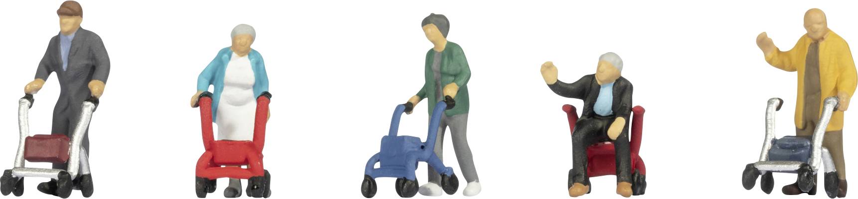 Fünf Miniaturfiguren von älteren Menschen mit Gehhilfen oder Rollstühlen, die jeweils winken oder stehen.