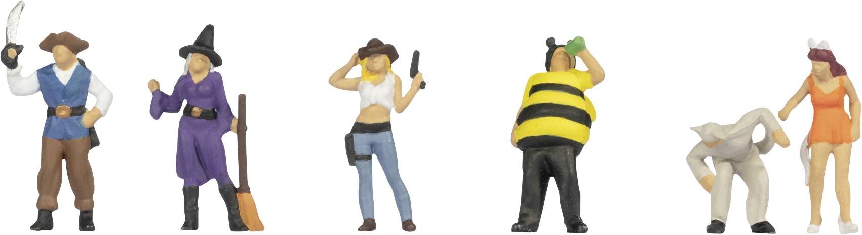 Miniaturfiguren im Kostüm: Pirat, Hexe, Cowgirl, Biene, Kreatur, Fee. Jede posiert auf einzigartige Weise und vermittelt ein verspieltes, festliches Thema.