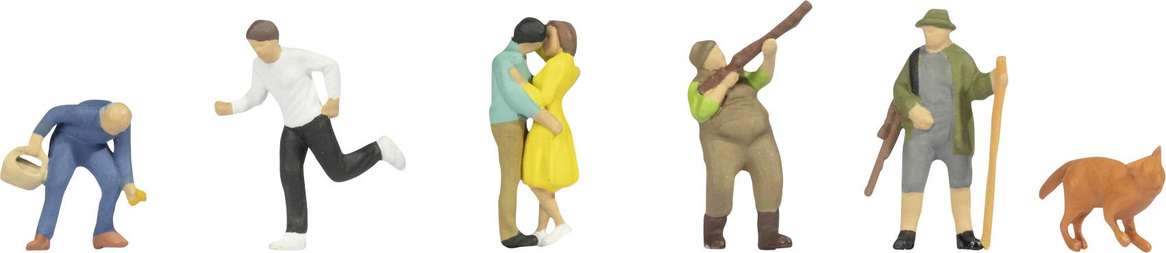 Sechs kleine Figuren in verschiedenen Positionen: eine Person, die Müll aufsammelt, ein Läufer, ein Paar, das sich umarmt, eine Person mit Gewehr, ein Wanderer mit Hund.