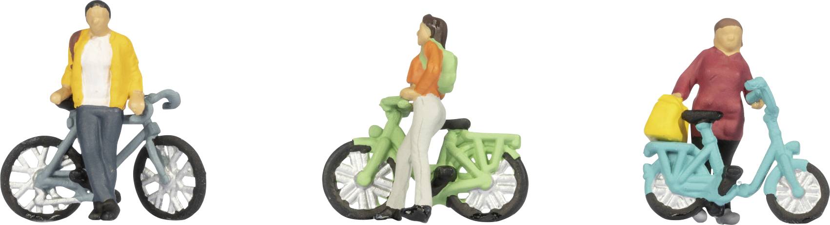 Drei Miniaturfiguren auf Fahrrädern: Person in gelber Jacke, Person in orangem Hemd, Person in rotem Pullover mit gelber Tasche.