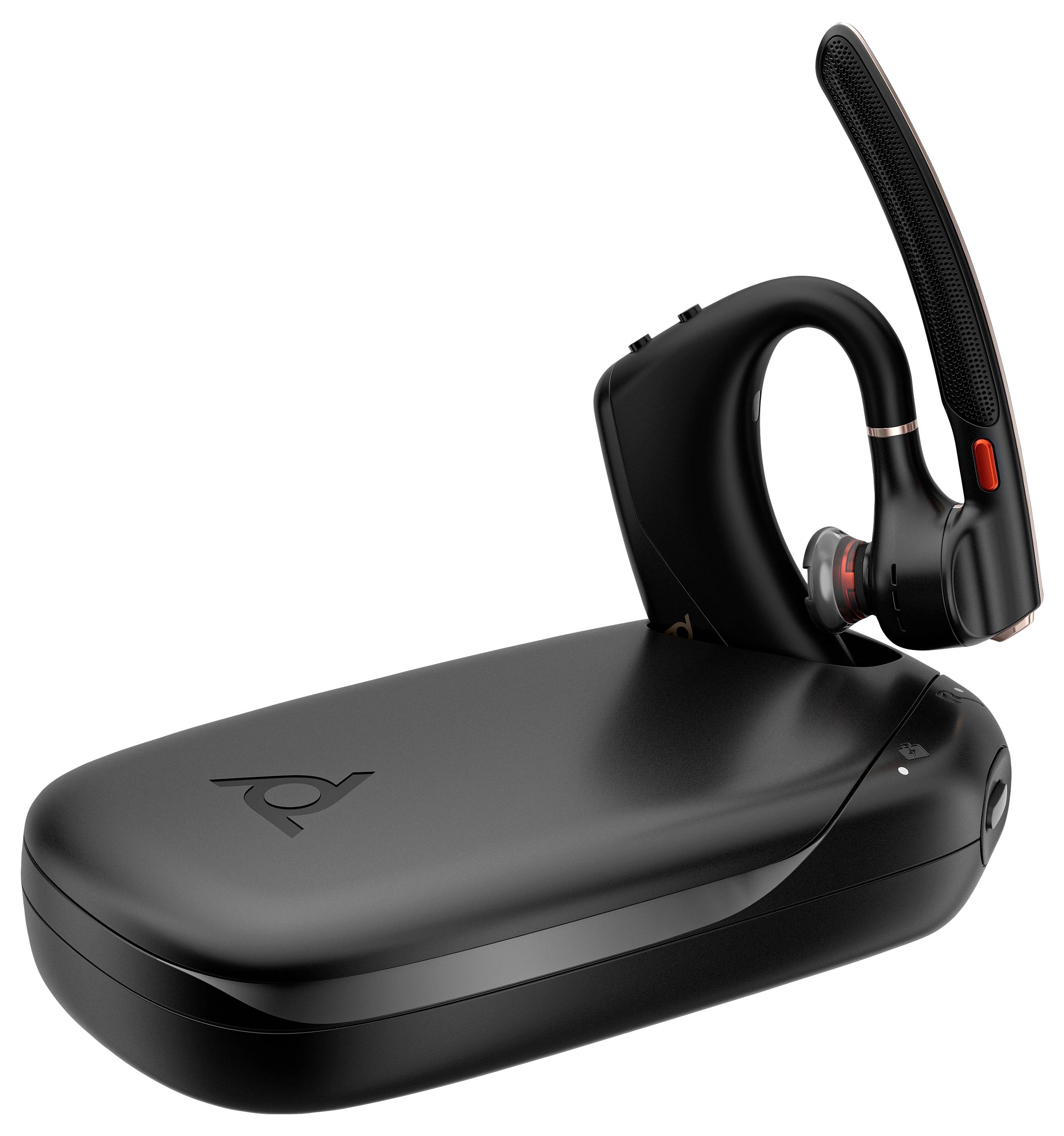 Ein schwarzes drahtloses Bluetooth-Headset mit Ladeetui, konzipiert für freihändige Kommunikation, mit Ohrbügel und Mikrofon.