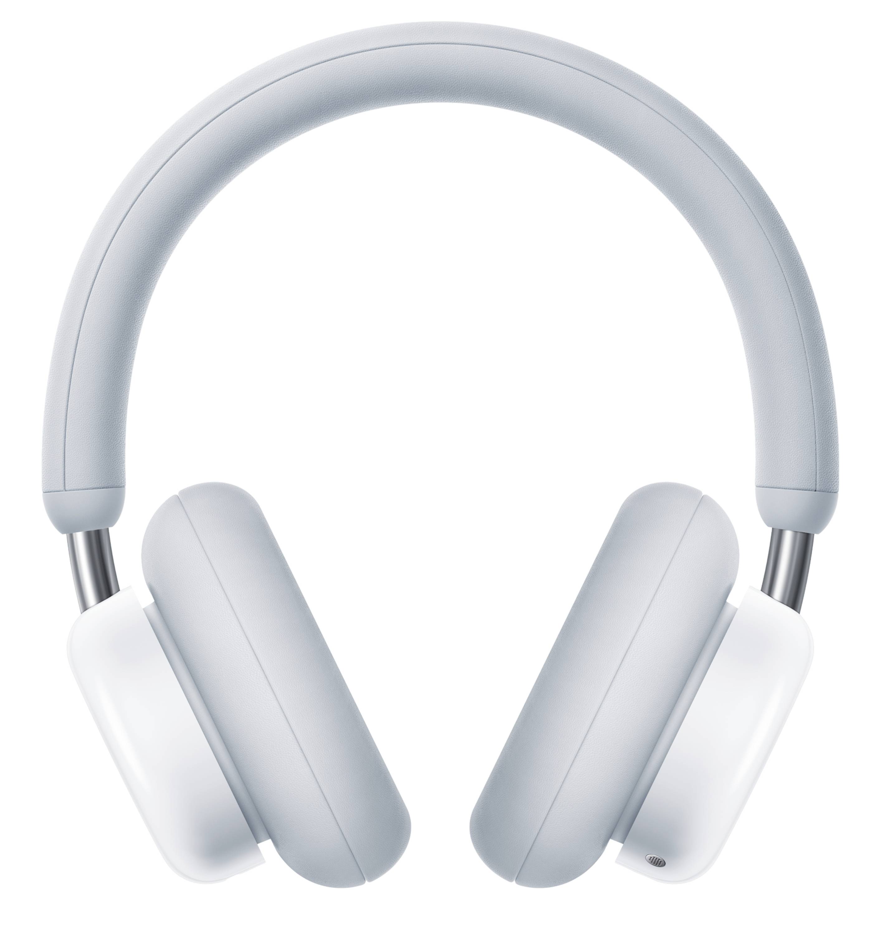 Ein Paar Over-Ear-Kopfhörer in hellem Grau mit schlankem Design, drahtlose Verbindung, gepolsterte Ohrmuscheln und ein gepolstertes Kopfband.
