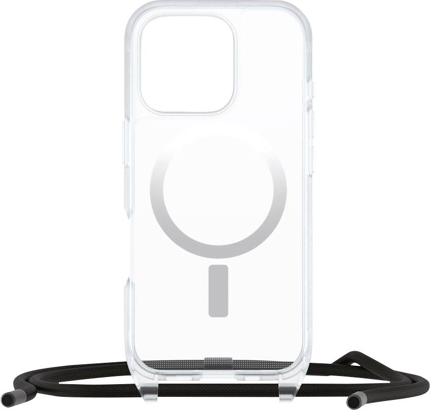 Transparente Smartphone-Schutzhülle mit einem MagSafe-ähnlichen Ring und angehängtem schwarzem Trageriemen/Umhängeband, frontal vor weißem Hintergrund dargestellt.