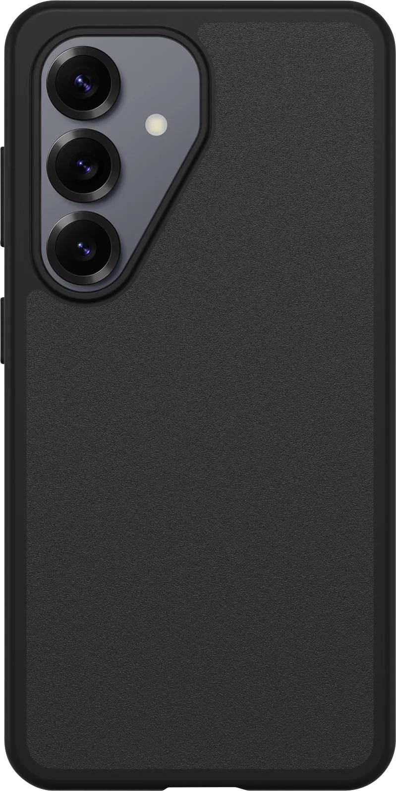 Rückseite eines schwarzen Smartphone-Gehäuses mit erhobener Dreifach-Kamera-Aussparung und Blitzöffnung oben links.