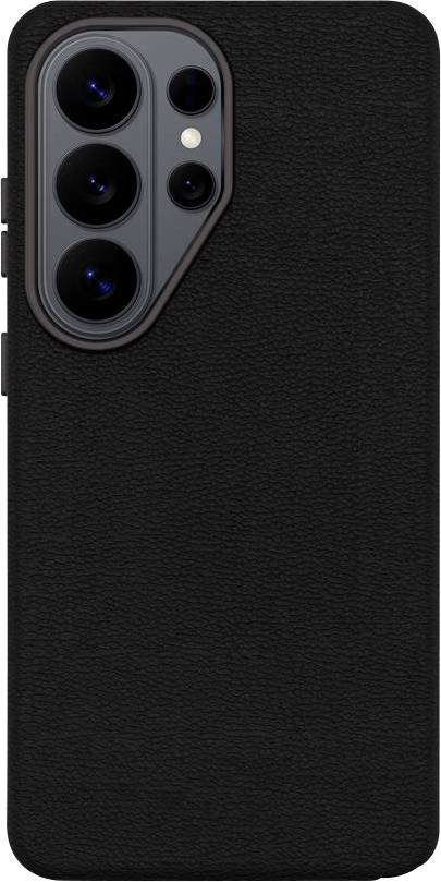 Schwarze Smartphone-Schutzhülle mit Ledertextur und erhöhener Aussparung für Dreifach-Kamera in der oberen linken Ecke.