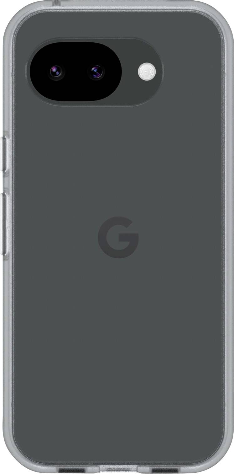 Rückansicht eines dunkelgrauen Google Pixel Telefons in einer durchsichtigen Schutzhülle, die das hintere Kameramodul und das zentriert platzierte Google Logo zeigt.