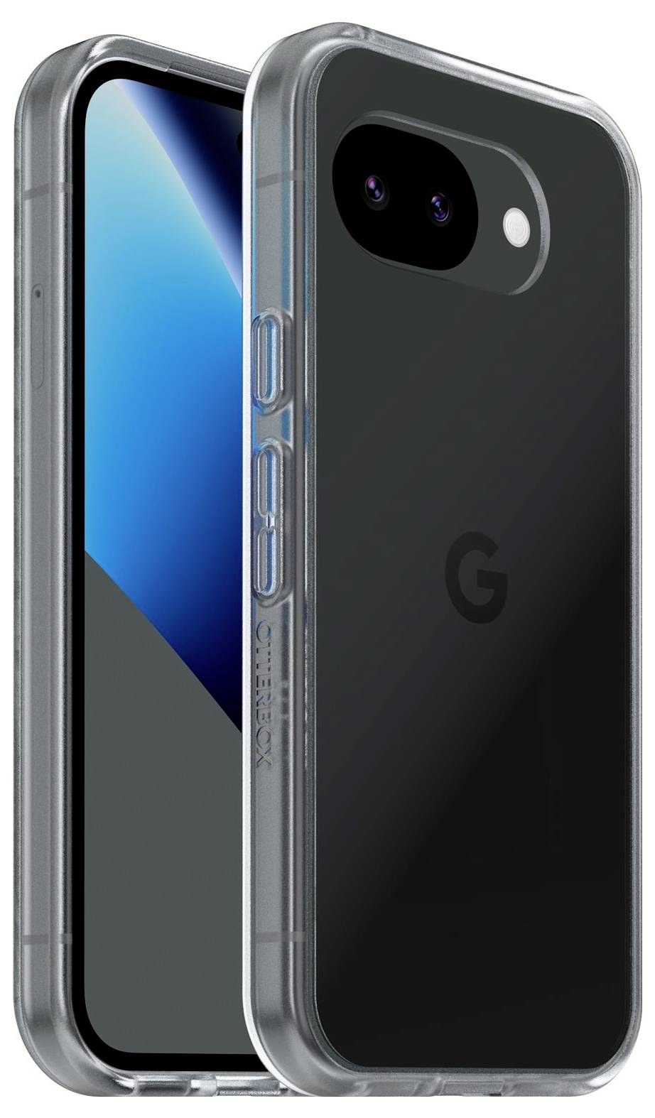 Ein schwarzes Google Pixel-Telefon in einer durchsichtigen Schutzhülle, angewinkelt, um das rückwärtige Kameramodul und das „G