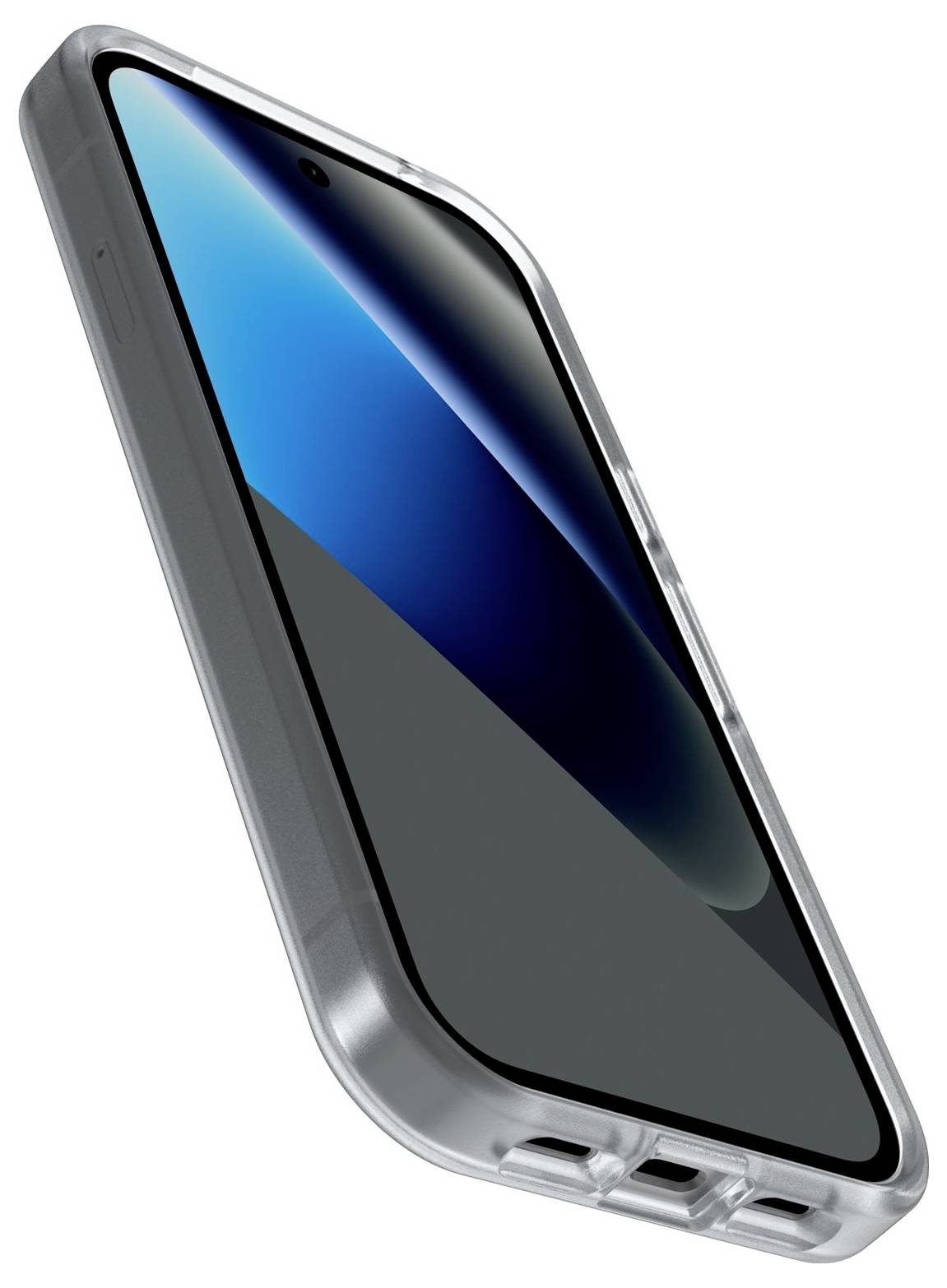 Ein klares Smartphonegehäuse, das in einem Winkel gezeigt wird, mit einem blauen Gradienten-Bildschirm und sichtbarer vorderer Kamerakerbe.