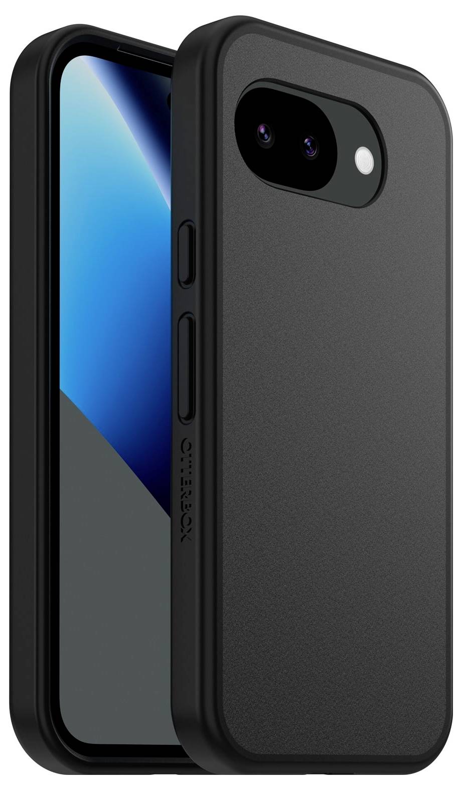Schwarze Smartphone-Schutzhülle mit erhöhtem Kameraausschnitt und Seitentastenschutze, in Schrägansicht dargestellt.