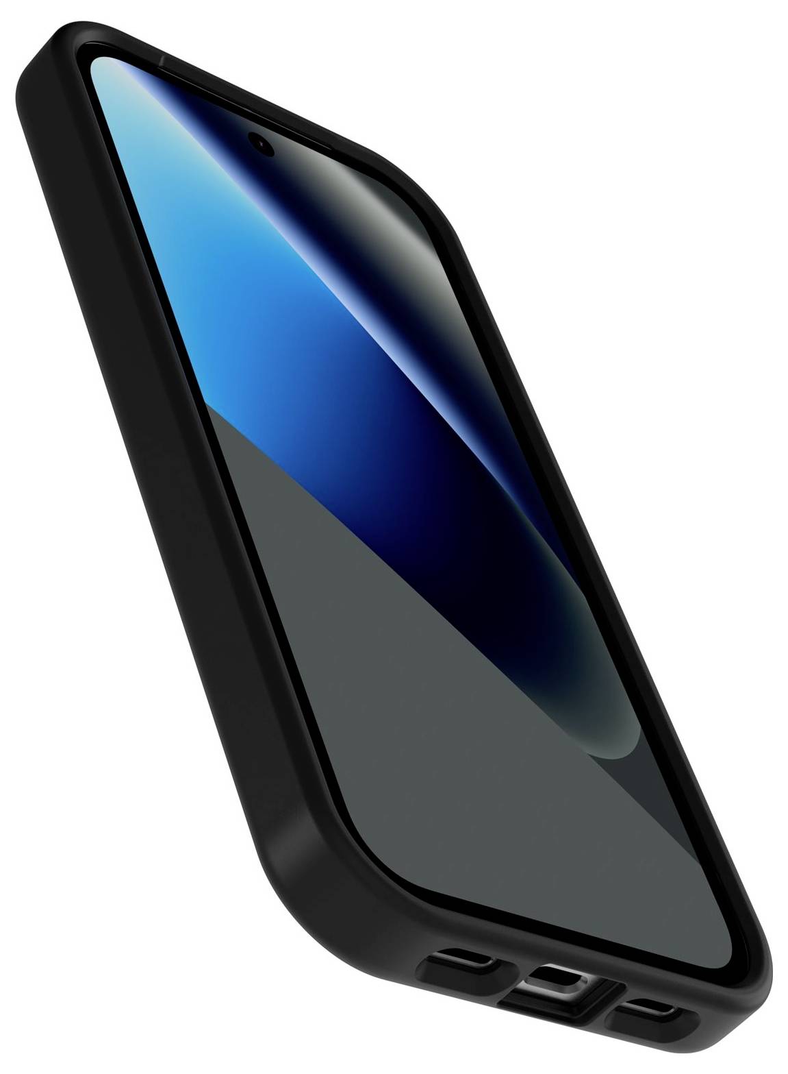 Schwarzes Smartphone in schräger Ansicht mit glänzendem blauem Bildschirm, Kamera-Notch und Schutzcase auf weißem Hintergrund.