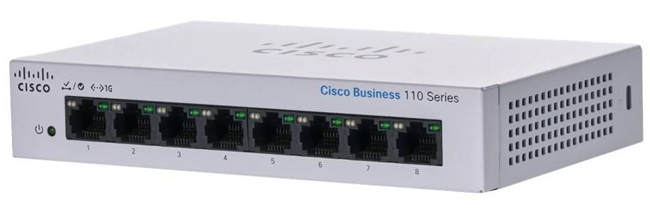 Ein Cisco Business 110 Series Netzwerk-Switch mit acht Anschlüssen, mit LED-Indikatoren über jedem Port und Lüftungslöchern an der Seite zur Kühlung.