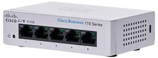 Cisco Business 110 Serie 5-Port Ethernet-Switch mit Frontplatte, auf der fünf nummerierte Netzwerkports und das Cisco-Branding zu sehen sind.