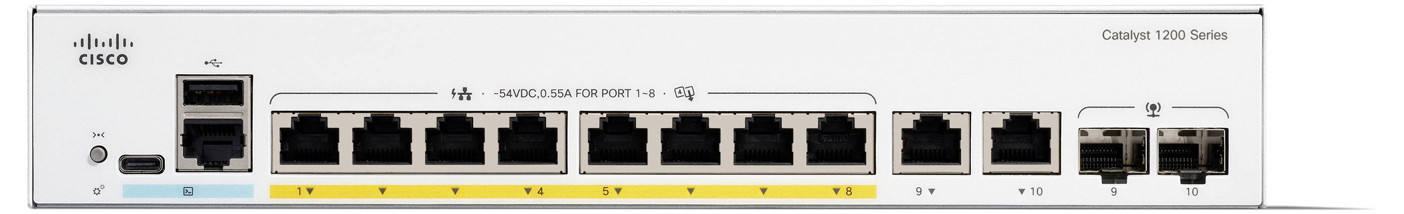Eine Nahaufnahme der Rückseite eines Netzwerk-Switches, die 8 Ethernet-Anschlüsse, 2 Uplink-Ports und eine Stromsteckdose zeigt. Die Branding zeigt „Cisco