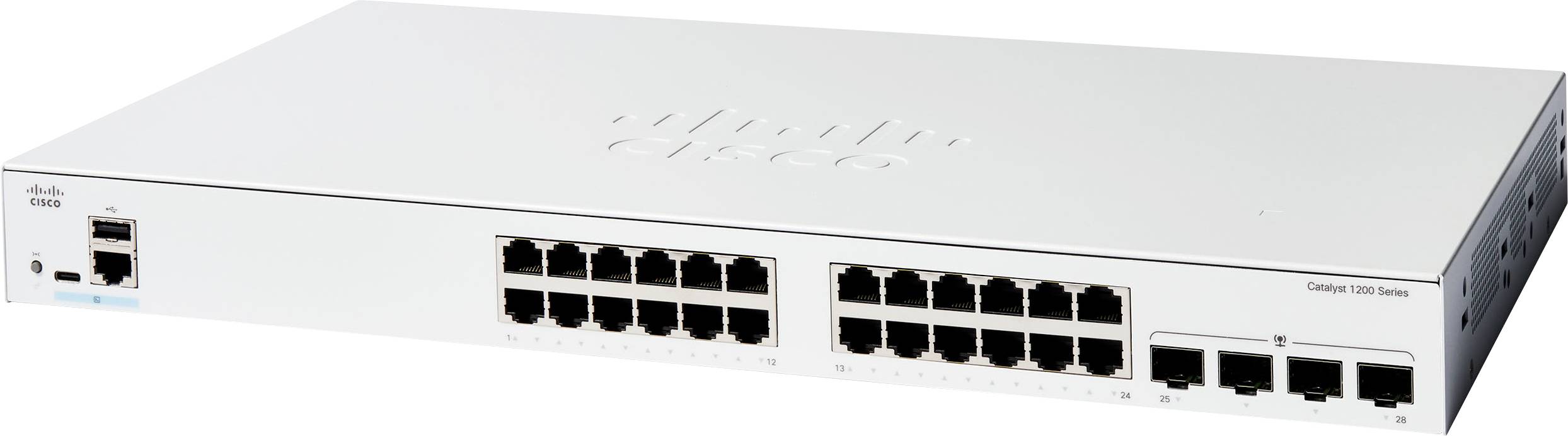 Ein weißer Netzwerk-Switch mit mehreren Ethernet-Ports und einem sichtbaren Markenlogo.