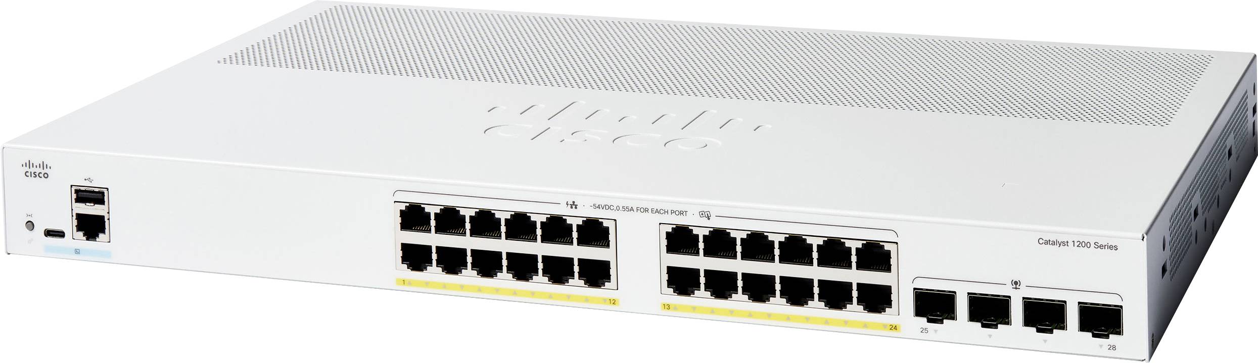 Ein Netzwerk-Switch mit mehreren Ethernet-Anschlüssen, mit dem Etikett 'Cisco', Teil der Catalyst 3850 Serie.