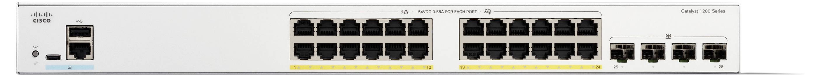 Ein Cisco Catalyst 1000 Series Switch mit mehreren Ethernet-Anschlüssen, einschließlich zwei Reihen mit je 12 kleinen quadratischen Anschlüssen und vier rechteckigen.