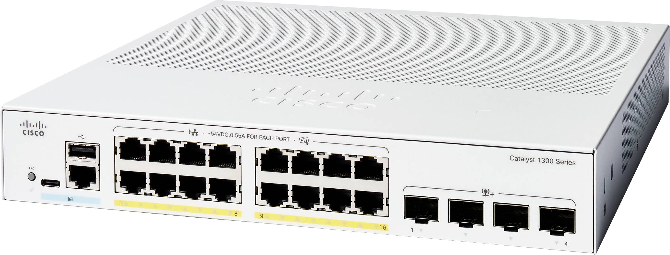 Cisco Catalyst 3560 Serie Switch mit mehreren Ethernet-Anschlüssen auf weißem Hintergrund, zeigt die Vorderseiten-Konfiguration.
