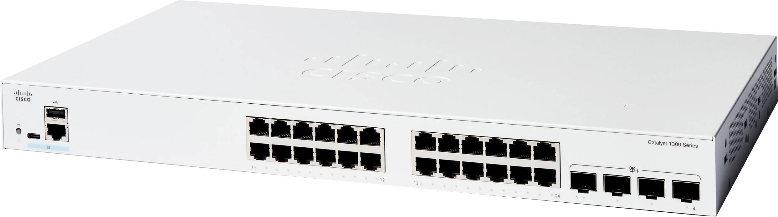 Cisco-Netzwerk-Switch mit 24 Ethernet-Anschlüssen und 4 Uplink-Anschlüssen, verwendet zum Verbinden von Geräten in einem Netzwerk.