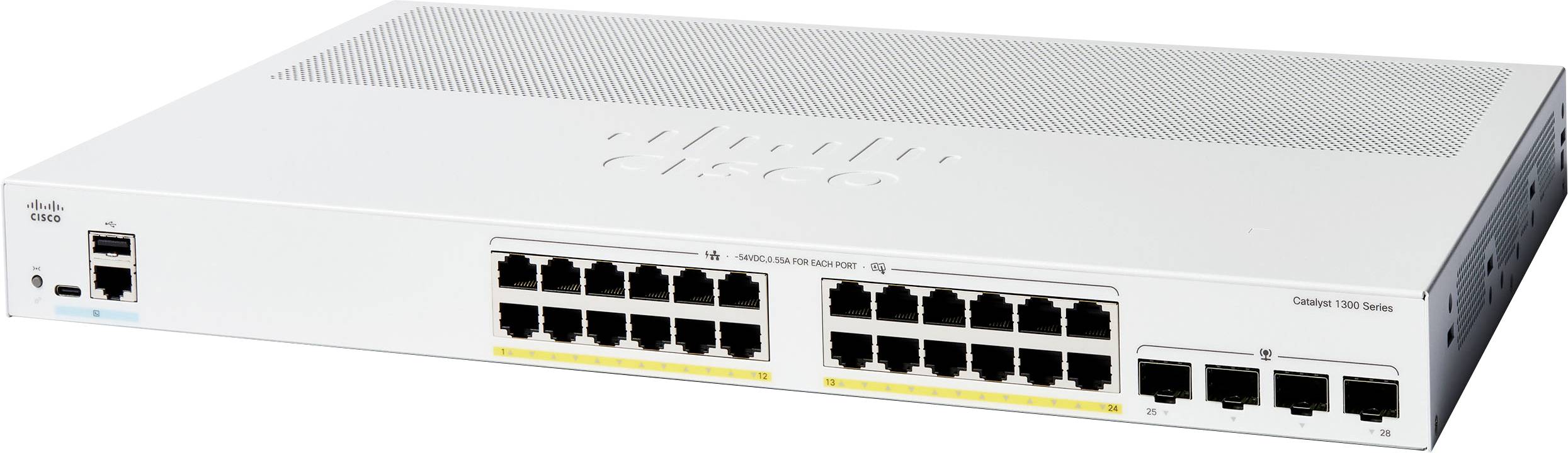 Ein Cisco Catalyst 1000 Serie Switch mit mehreren Ethernet-Ports, der seine Konnektivitätsoptionen und sein kompaktes Design zeigt.