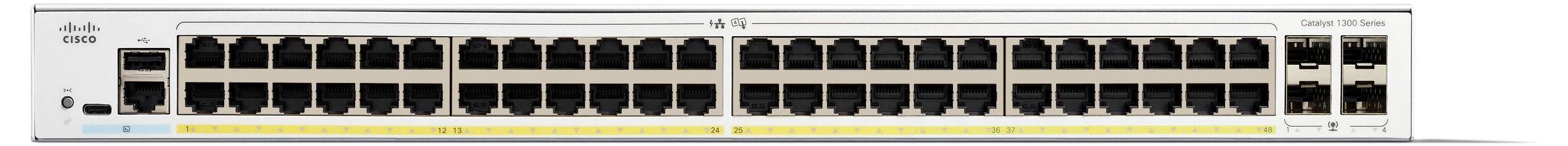 Ein 48-Port-Netzwerk-Switch mit LED-Anzeigen, entwickelt für die Verwaltung umfangreicher Datenverbindungen in einer Unternehmensumgebung.