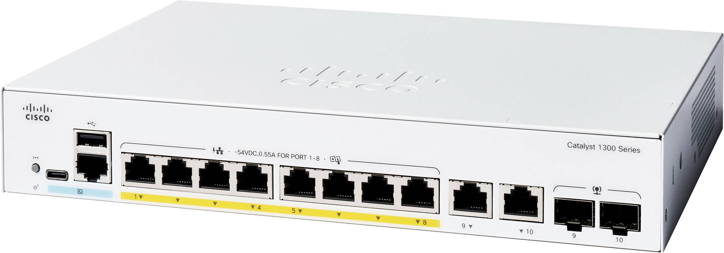Cisco Catalyst 1000 Serie Netzwerk-Switch mit mehreren Ethernet-Anschlüssen auf der Vorderseite, entwickelt für Konnektivitätslösungen für kleine Unternehmen.