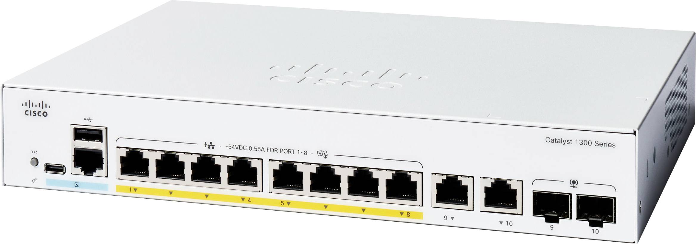 Cisco-Netzwerkschalter mit mehreren Ethernet-Anschlüssen mit den Bezeichnungen 1 bis 8, PoE-Anschlüssen und einem LED-Anzeigepanel auf der linken Seite.
