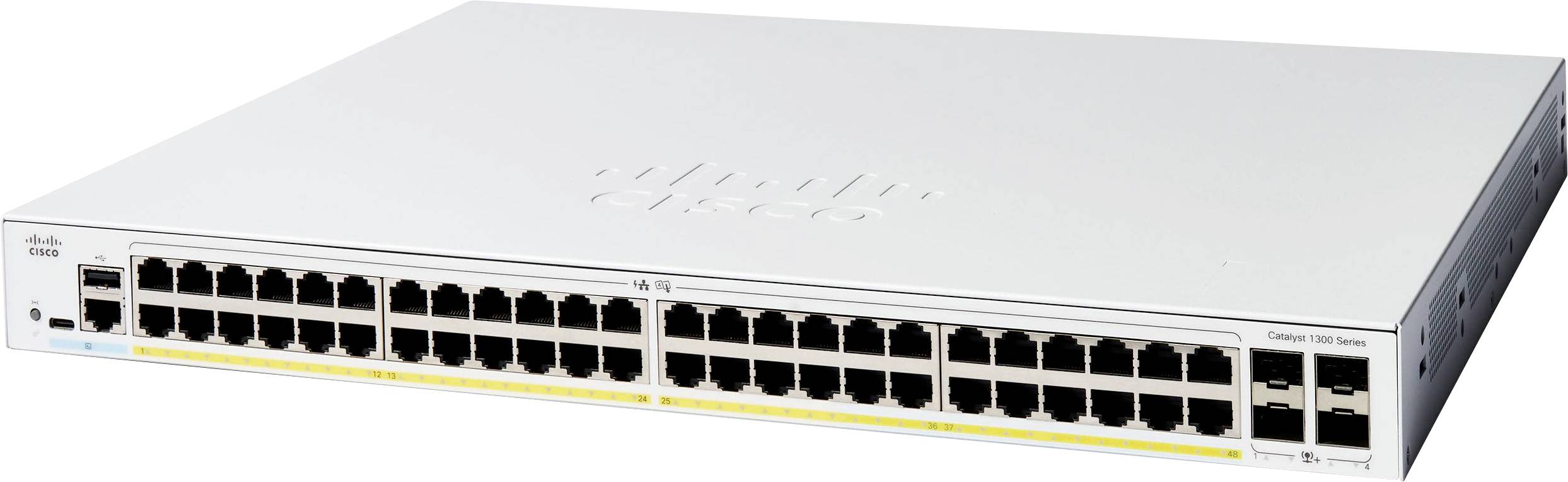 Ein Cisco-Netzwerk-Switch mit 48 Ethernet-Anschlüssen, der zum Verbinden von Geräten in einer lokalen Netzwerk(LAN)-Umgebung verwendet wird.