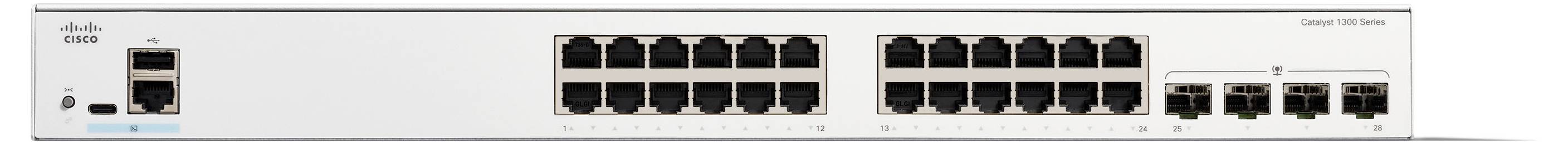 Netzwerkschalter mit mehreren Ethernet-Anschlüssen, einem USB-Anschluss und Glasfaseranschlüssen auf weißem Hintergrund.