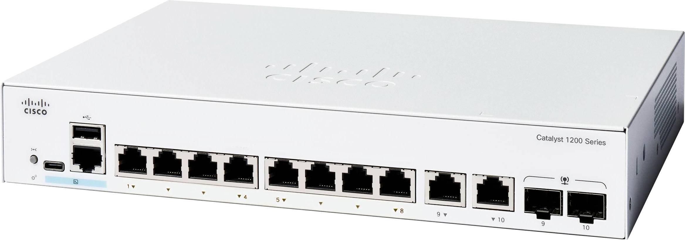 Ein weißer Cisco Catalyst 1000 Series Netzwerk-Switch mit 12 Ethernet-Ports und zwei Small Form-Factor Pluggable (SFP)-Steckplätzen auf der Vorderseite.