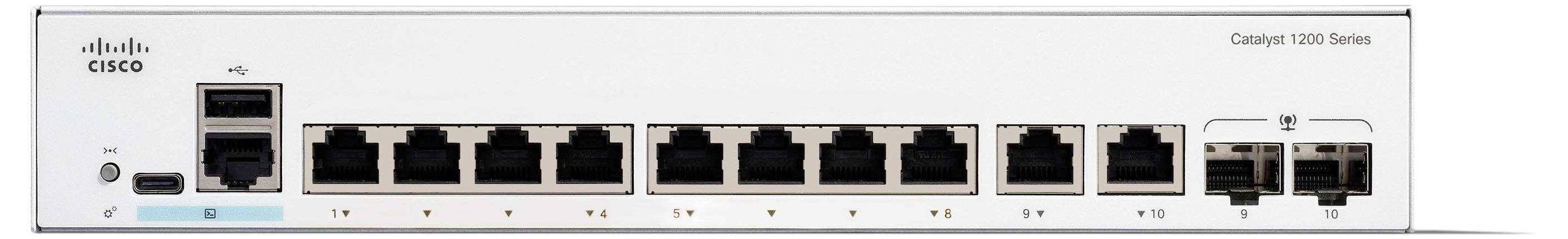 Cisco Catalyst 9200 Series Switch Frontansicht mit acht Ethernet-Anschlüssen, zwei USB-Anschlüssen und Stromanzeigelichtern.