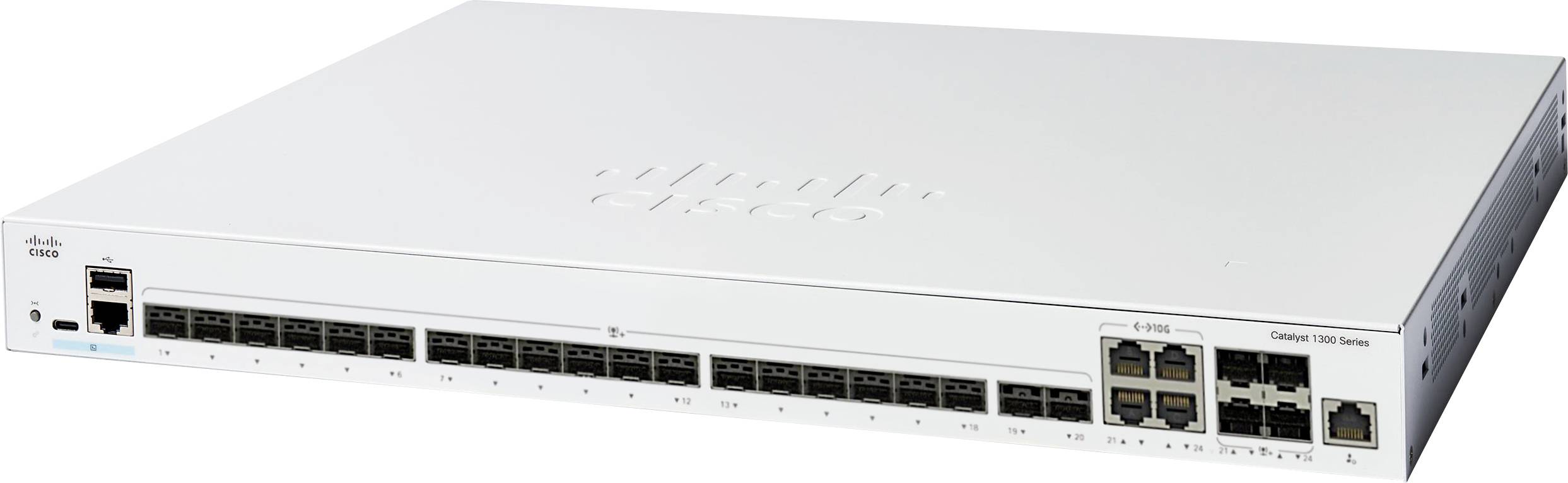 Das Bild zeigt einen Cisco Catalyst 9300 Series Netzwerk-Switch mit mehreren Ethernet-Anschlüssen auf der Frontplatte.
