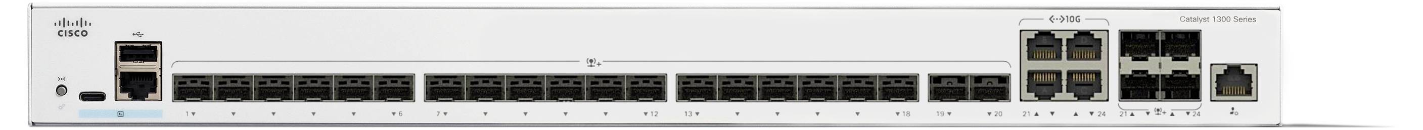 Cisco-Netzwerk-Switch mit mehreren Ethernet-Anschlüssen und Glasfaserverbindungen, zusammen mit Status-LED-Indikatoren, wird für Netzwerk-Routing verwendet.