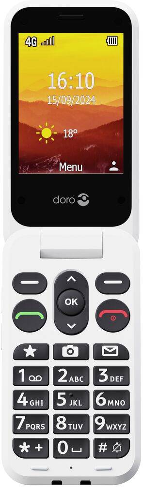 Ein Klapptelefon zeigt den Startbildschirm mit einem Wetter-Widget, das 