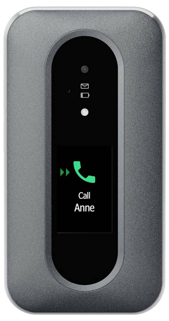 Ein elegantes graues Gegensprechgerät mit einem Bildschirm, auf dem „Anne anrufen