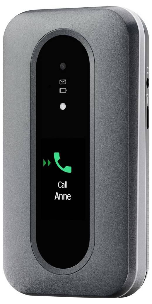 Ein grauer Klapphandy mit einem kleinen digitalen Display, das ein grünes Telefonsymbol und den Text „Anne anrufen