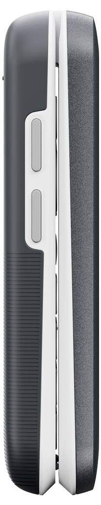 Seitenansicht eines faltbaren Geräts im geschlossenen Zustand, das sein Scharnier, Tasten und elegantes Design zeigt.