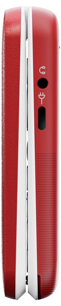 Ein rot-weißes geschlossenes Klapphandy, von der Seite gezeigt. Zwei Symbole, die Laden und Konnektivität anzeigen, sind im Bereich des Scharniers sichtbar.