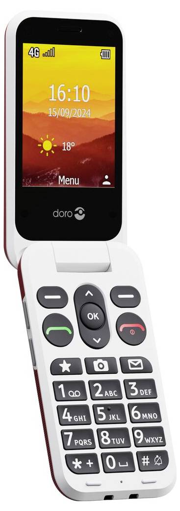 Ein Klapptelefon mit farbigem Display zeigt die Uhrzeit „16:10