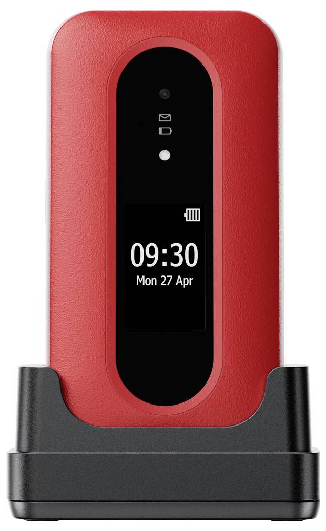 Ein rotes Klapphandy mit digitaler Anzeige, die „09:30 Mo 27 Apr