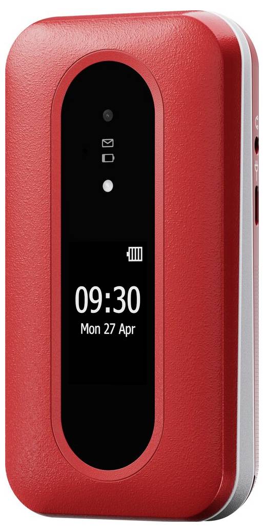 Ein rotes tragbares elektronisches Gerät zeigt „09:30 Mon 27 Apr
