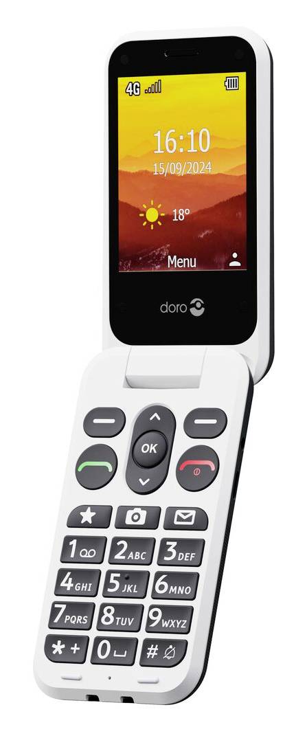 Ein Klapptelefon mit großen Tasten, das 16:10, 15/09/2024 und 18°C auf dem Bildschirm anzeigt. Das Gerät ist mit einem Doro-Logo gekennzeichnet.