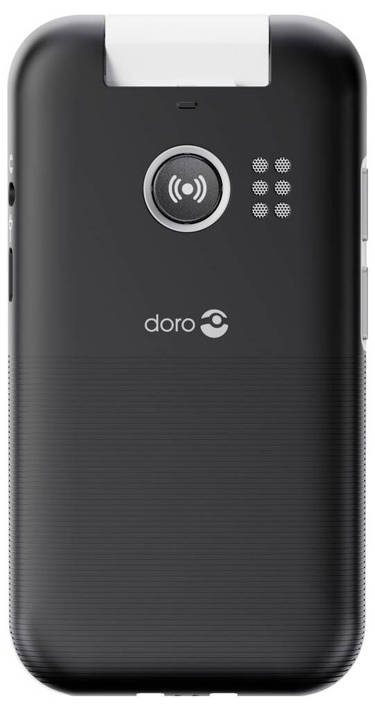 Ein schwarzes und silbernes Mobiltelefon mit einer Notruftaste, einem Lautsprecher und dem Markennamen „Doro